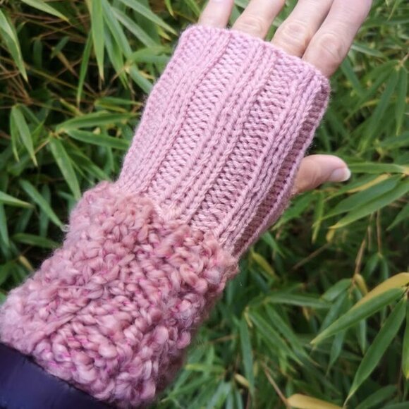 Marsala Rose Pink Handmade Knitted Loop Plush Fingerless Texting Gloves Gift - Picture 3 of 6